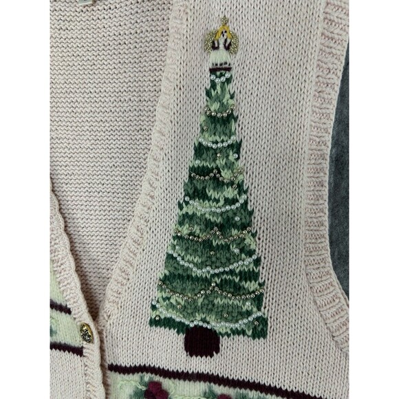 Vintage Bechamel Christmas Hand Knit Cardigan Sweater Embroidered Pink Tree - Picture 3 of 13